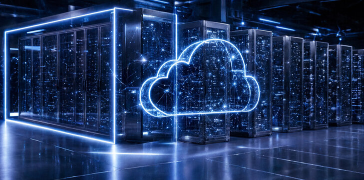 Futuristic server room featuring glowing cloud computing hologram for cloud infrastructure management computing technology datacenter infrastructure internet information database