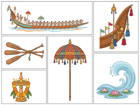 Kerala Chundan Vallam snake boat vector clipart, traditional boat, paddles, umbrella, lamp, lotus elements