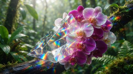 Obraz premium Crystal prism with orchid flowers in tropical forest
