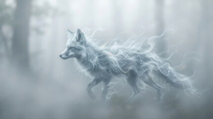 Fototapeta premium Ethereal ghostly fox moving through misty forest
