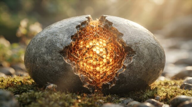 Cracked stone egg revealing glowing honeycomb with bees