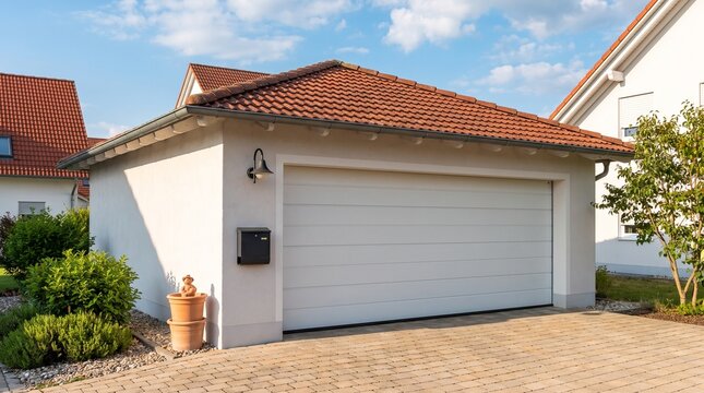 Modern suburban detached garage with a white sectional door, red tiled roof, and paved driveway under a bright blue sky.