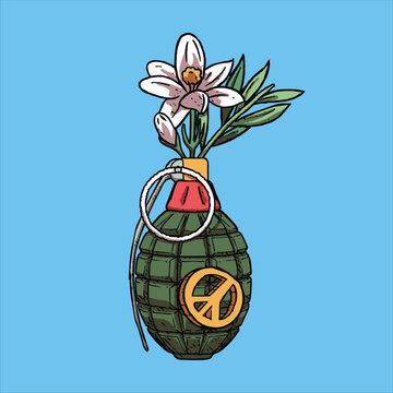 Hand drawn green hand grenade with blooming flower and peace symbol