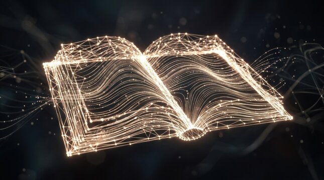 Luminous Digital Book Formed by Interconnected Nodes. Abstract Data Structure Representing Knowledge and Information Technology.