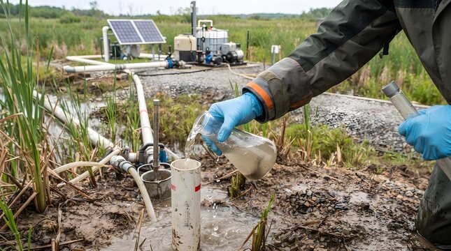 Ecologist Hand in Protective Gear Collecting Groundwater Sample Flask from Bioremediation Site