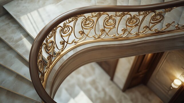 Luxurious interior staircase detail with ornate gold railing and marble steps architectural photography