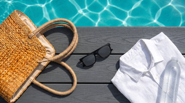 Summer vacation essentials woven beach bag white linen shirt and sunglasses resting on wooden pool deck by sparkling water with vacation sunglasses lifestyle sunshine relaxation