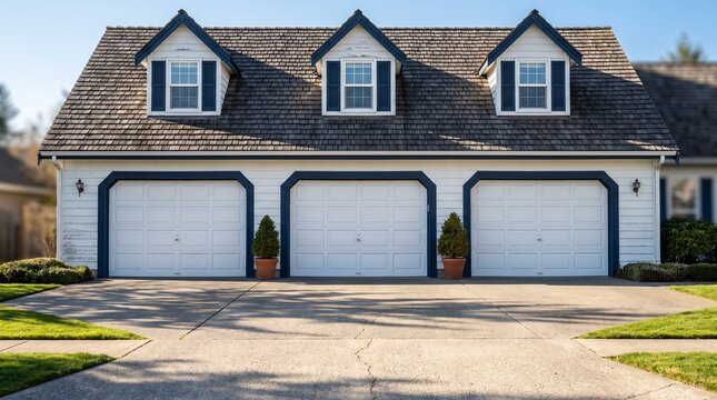 A charming suburban house exterior featuring a spacious three-car garage, white siding, blue trim, dormer windows, and a paved concrete driveway in bright daylight.