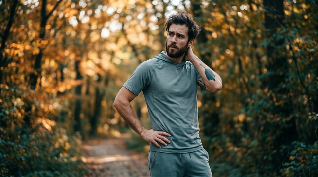 Tired male runner stretching neck while resting on forest trail during outdoor workout
