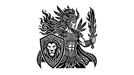 Obraz premium Valkyrie Warrior Woman with Lion Shield and Sword, Mythological Fantasy Art
