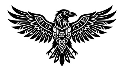 Fototapeta premium Viking Raven Tattoo Design, Norse Mythology Odin's Symbol, Black and White
