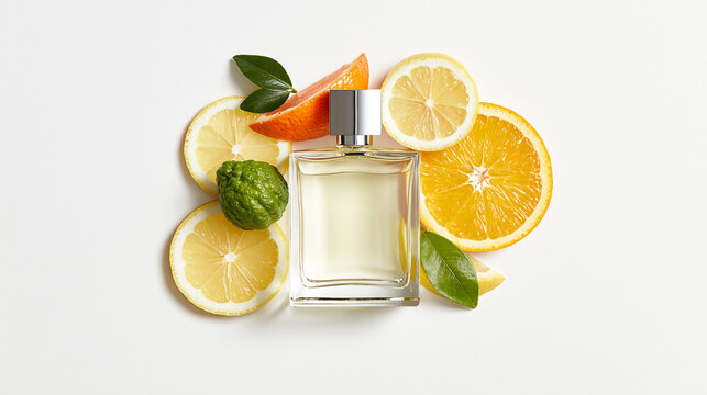 Perfume Bottle with Citrus Fruits Isolated on White Background