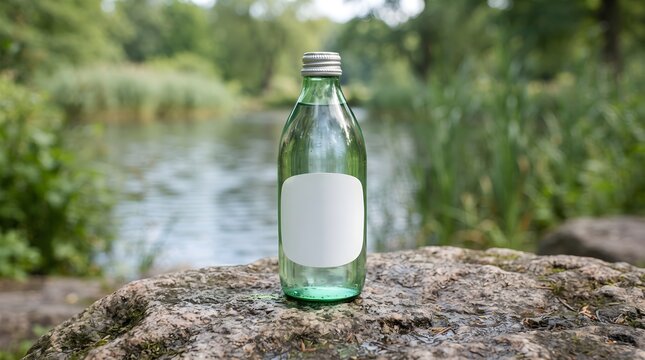 Pink Clear Water Bottle with Vinyl Sticker Label Mockup on Stone Surface