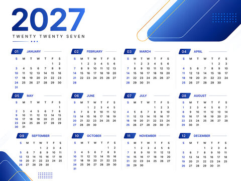 2027 calendar template with modern blue geometric design, annual planner for twenty twenty seven, professional corporate yearly schedule layout