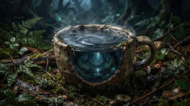 Steaming enchanted forest scene inside a rustic ceramic cup