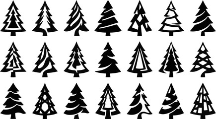 Various linear style christmas tree and pine icons set with christmas silhouette evergreen collection template minimalist seasonal celebration geometric coniferous © Kanon