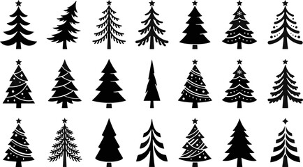 Obraz premium Set of black silhouette christmas tree icons in various artistic shapes and styles for holiday decoration design with christmas silhouette decoration collection template