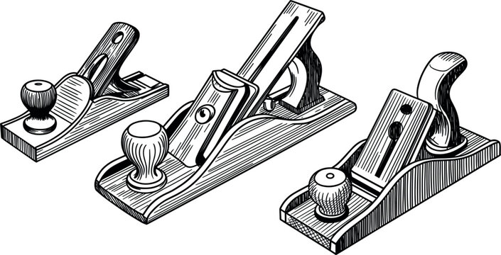 Vintage hand plane set wood engraving vector illustration, woodworking carpentry tools sketch lineart retro design