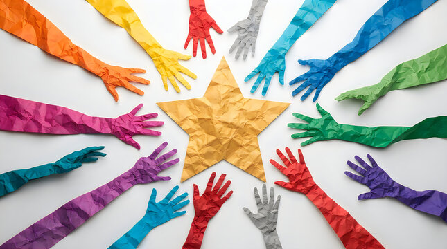Many colorful hands reaching out towards a central yellow star shape representing teamwork unity and diversity concept