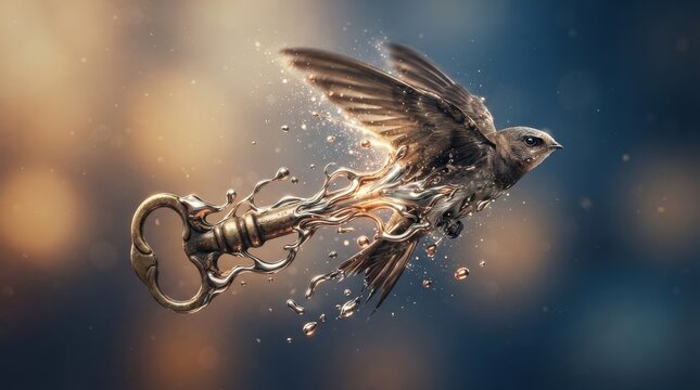 Surreal bird morphing into a metallic key