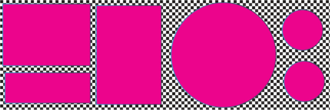 Bright pink geometric shapes arranged on a black and white checkerboard