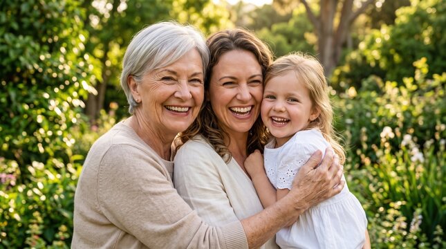 Smiling senior woman, adult woman, and young girl hugging closely outdoors in warm sunlight, wearing light clothing, expressing joy and family affection