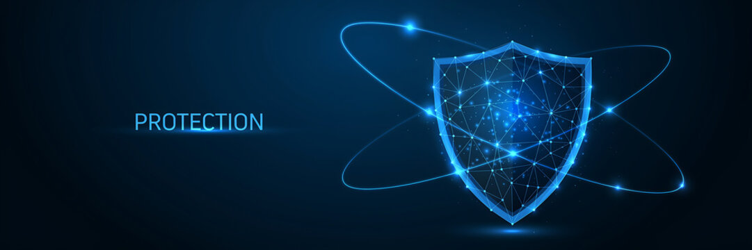 A glowing blue digital shield with interconnected nodes and lines representing cybersecurity, data protection, and online safety concepts
