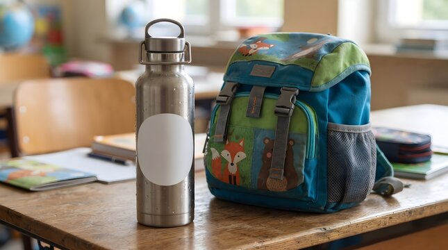 Stainless Steel Water Bottle with Vinyl Sticker Mockup Attached to Kid School Backpack