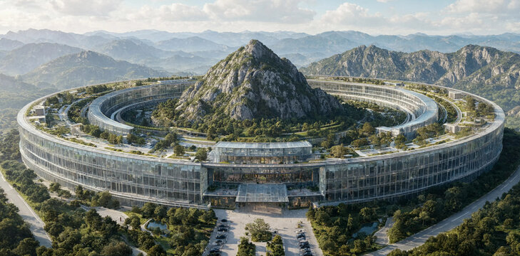 Innovative circular office building wrapped around a central rocky mountain peak in a dense forest landscape with architecture circular building mountain landscape corporate structure
