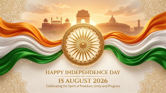 Indian Independence Day banner, Red Fort landmark, Taj Mahal, with tricolor flag, 15th August national holiday banner with Ashoka Chakra