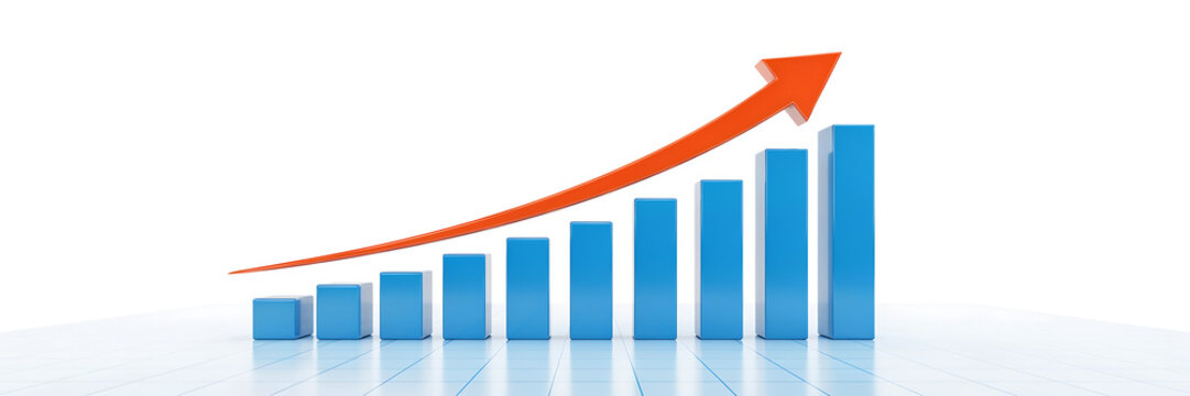 Bar chart showing upward growth with blue rectangular columns and a rising orange arrow on a clean white background, with grid lines