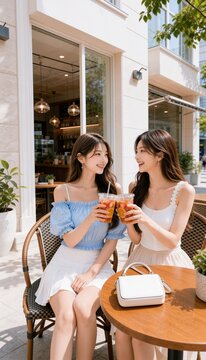 夏のカフェテラスでフルーツドリンクを持って乾杯する笑顔の若い女性2人