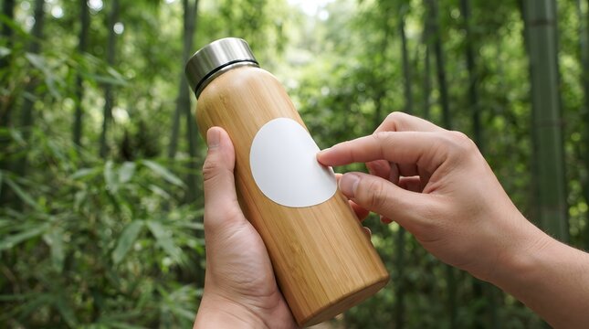 Hands Applying Vinyl Sticker Mockup to Bamboo Water Bottle for Branding