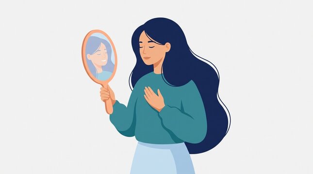 A serene woman holding a hand mirror, displaying self-love, compassion, and inner peace as her reflection smiles back warmly at her.