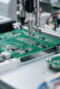Automated machine placing tiny electronic components on circuit board