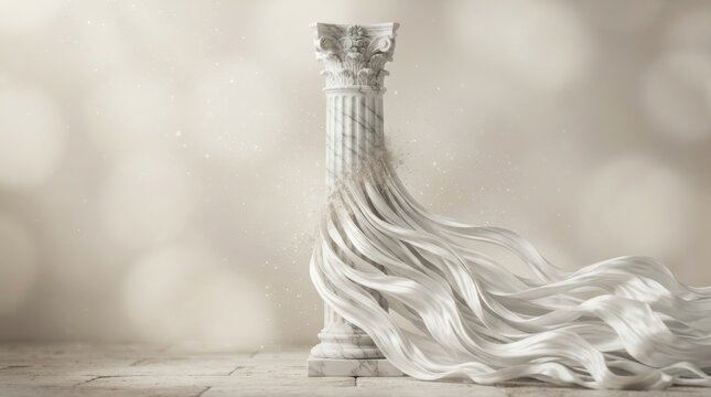 Classical marble column with flowing fabric