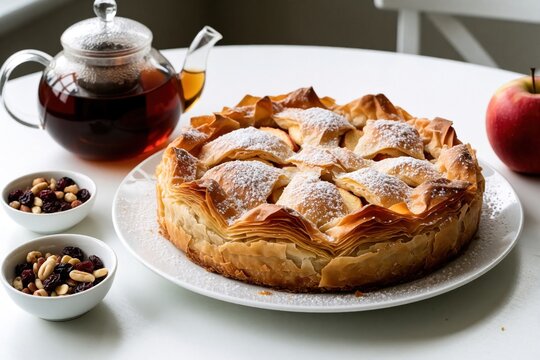 Homemade apple pie with golden flaky crust sits on round white plate. Glass teapot full of herbal tea stands nearby. Small bowls hold roasted nuts, dried berries. Fresh fruit rests on wooden table.