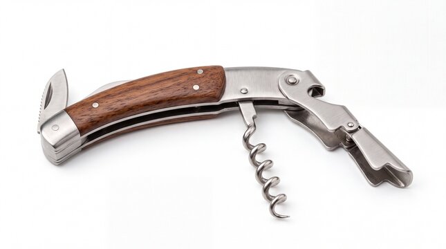 Elegant stainless steel waiter corkscrew with wooden handle lying flat isolated on white background