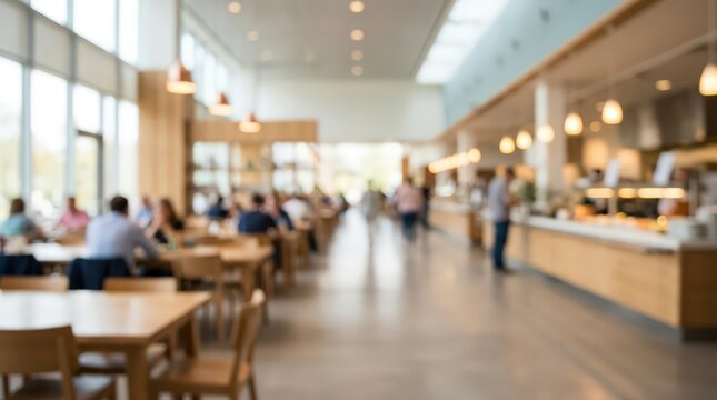 Blurred cafeteria interior restaurant dining hall office canteen corporate lunch food service bokeh background hospitality workspace
