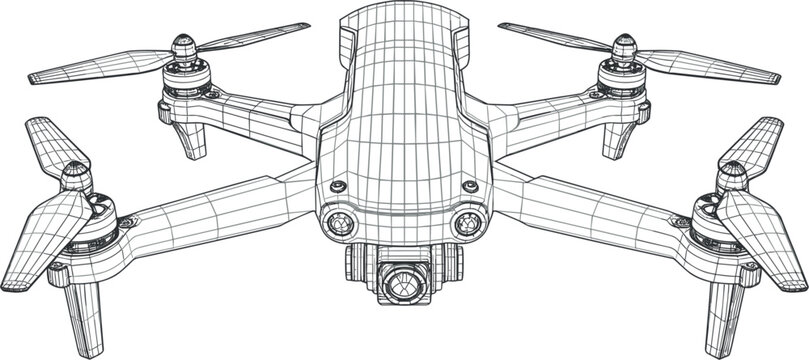 Drone quadcopter wireframe vector illustration, flying UAV camera 3D CAD schematic blueprint engineering design