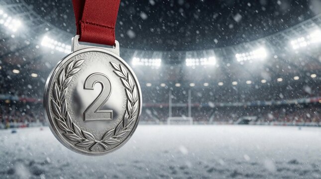 Silver medal with number two hangs on red ribbon against blurred winter sports stadium background. Shiny award trophy features laurel wreath design. Snow falls at outdoor arena under bright stadium