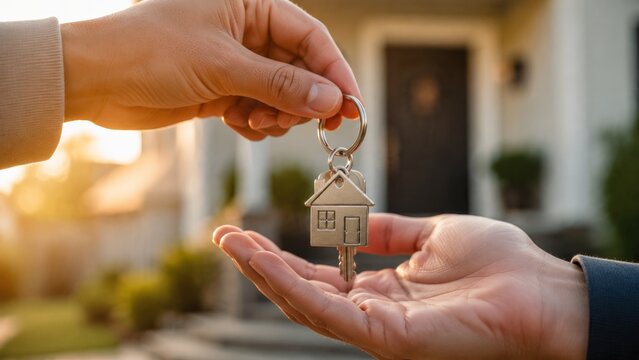 Two hands exchange a small house-shaped keyring in front of a sunlit front door with a dark door and porch, symbolizing the moment a new homeowner receives their keys