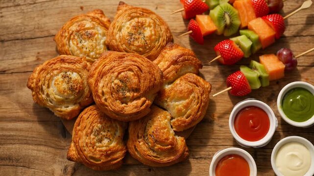Gourmet pastry fruit platter with fresh berries and dipping sauces perfect for breakfast or brunch a rustic delicious food photography setup