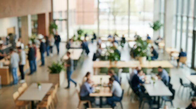 Blurred cafeteria background office canteen people dining lunch break workspace corporate restaurant interior bokeh