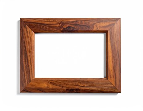 A rectangular, dark wooden picture frame with a natural, grainy texture
