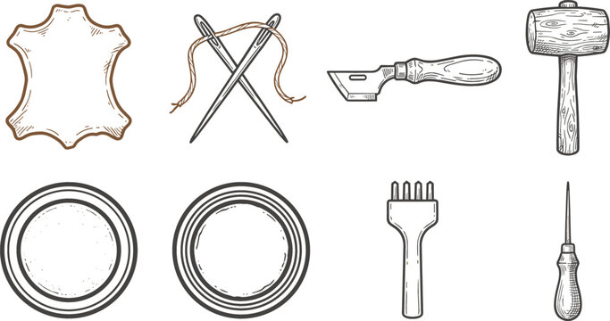 Leathercraft Tool and Raw Hide Material Element Set with Crossed Needles, Mallet, Awl, and Circular Frame Icons for Cobbler Leather Workshop Vector Designs