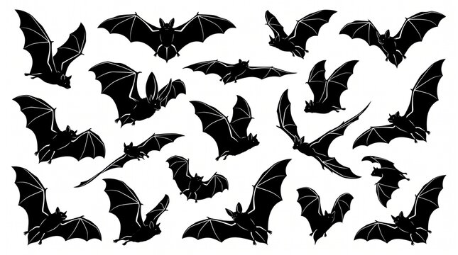Black bat silhouettes in varied wing shapes and flight positions, symbolizing diversity, nocturnal creatures, and artistic biological outlines.