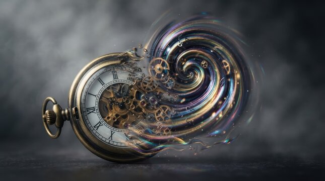 Vintage pocket watch with surreal flowing spiral gears
