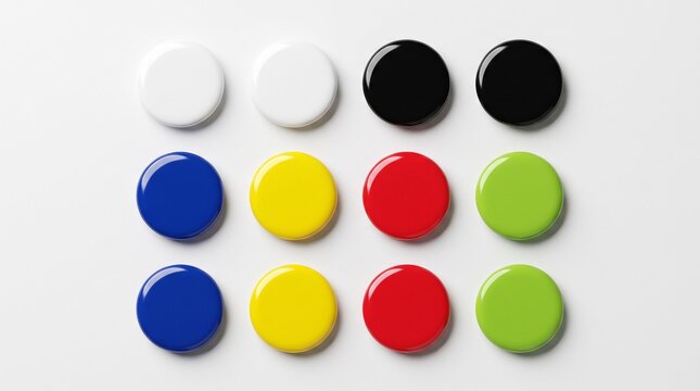 Smooth, glossy round tokens in vibrant colors arranged neatly in a grid layout over a clean white surface, perfect for gaming or design concepts.
