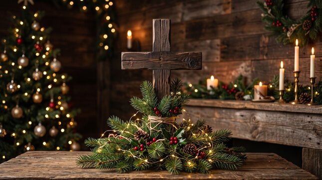 Rustic wooden cross Christmas centerpiece on vintage table, religious holiday decoration with evergreen branches, warm candle light and festive tree